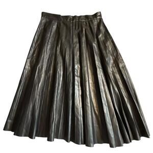 Metallic Pleated Faux Leather Midi Skirt Black Silver Tone XS